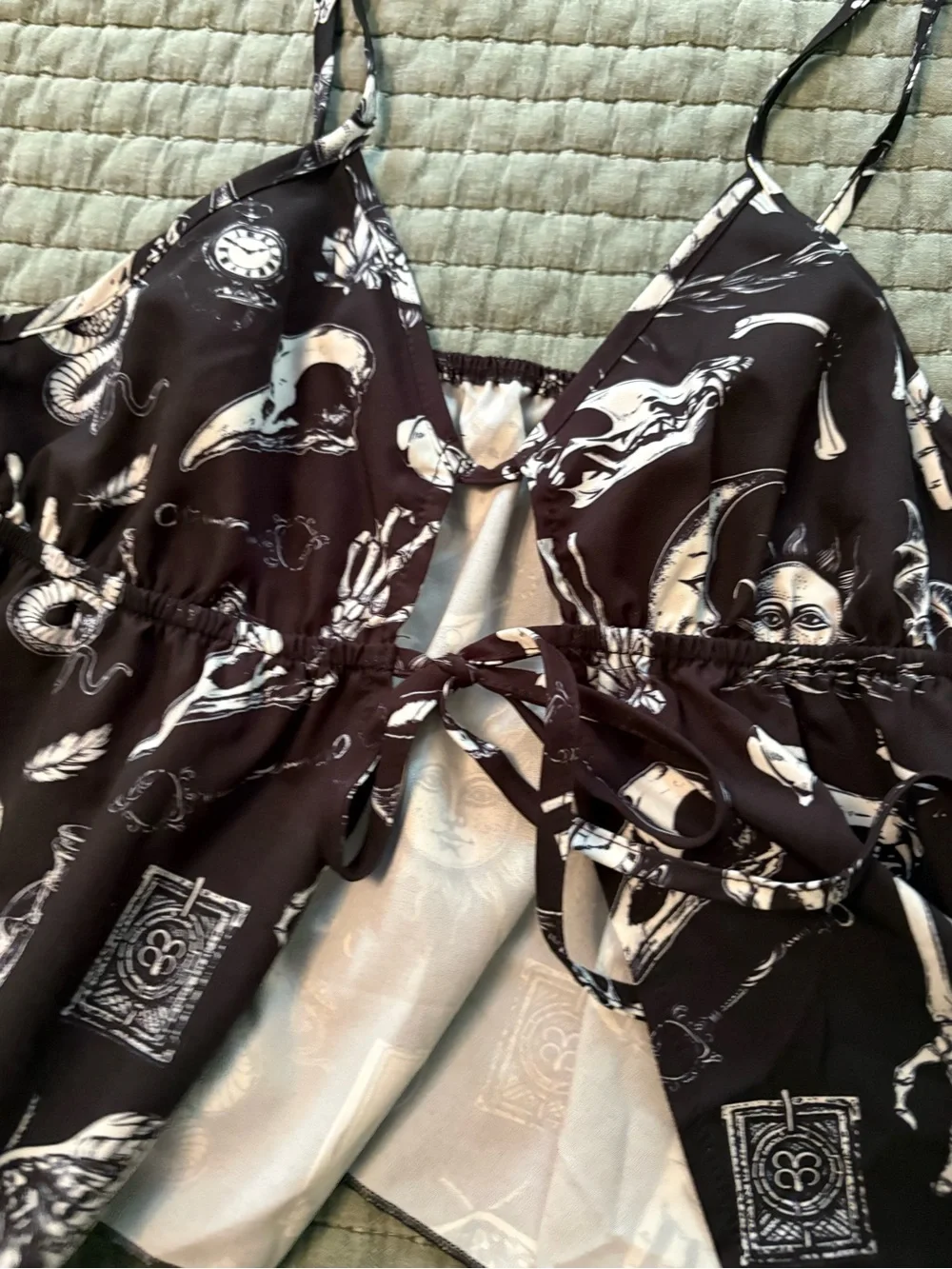 Black Gothic Print Tie-Front Tank Top